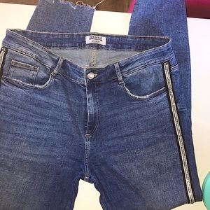 Zara, medium wash jeans with metallic side strip